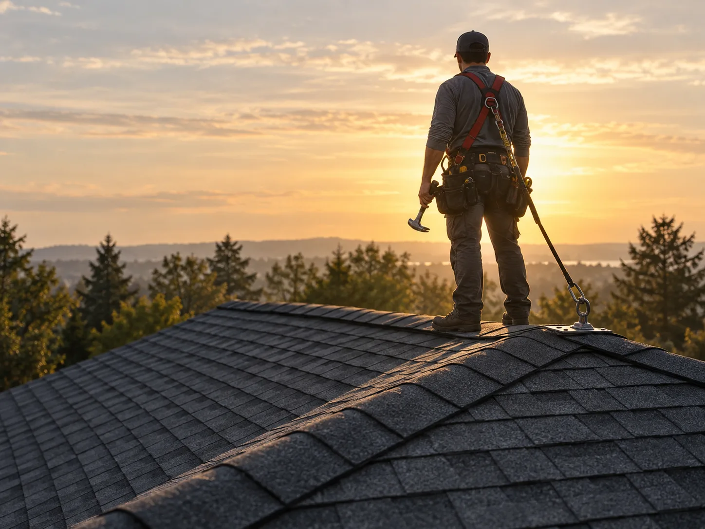 Generated illustration of a backlit roofer standing near a shingle ridge with a hammer and safety harness